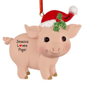 Image of Personalized STANDING Pink Pig Wearing Santa Hat Ornament