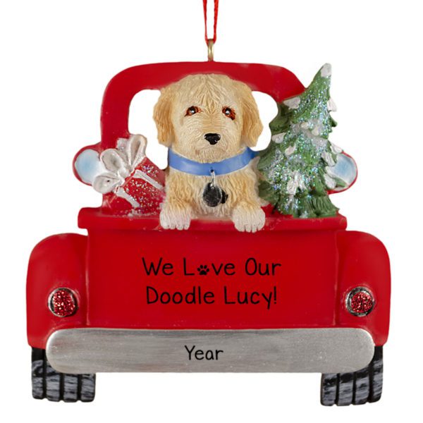 Personalized Labradoodle Riding In Red Festive Truck Ornament