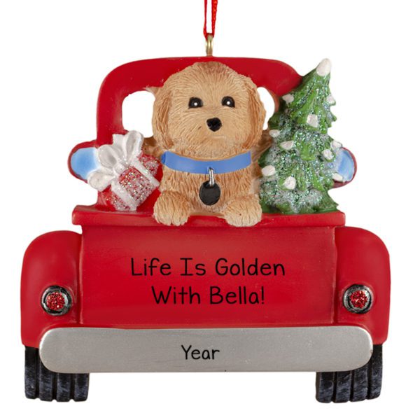 Personalized Golden Doodle Riding In Red Festive Truck Ornament