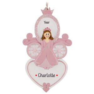 Personalized Princess With Glittered Carriage And Heart Ornament BRUNETTE