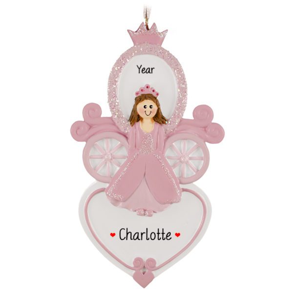 Personalized Princess With Glittered Carriage And Heart Ornament BRUNETTE