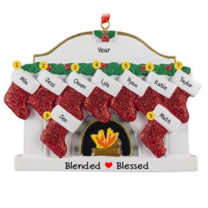 Personalized Family Of 9 Glittered Stockings Fireplace Ornament