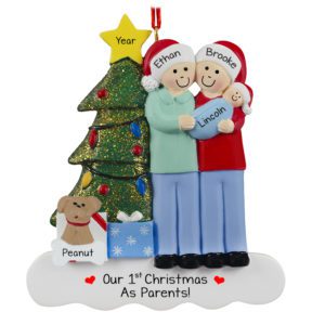 1st Christmas Together Baby BOY Family Of 3 And Pet Tree Ornament