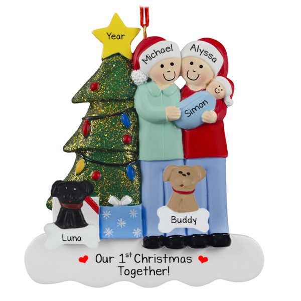 1st Christmas Together Baby BOY Family Of 3 And 2 Pets Tree Ornament