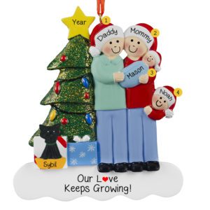 Family Of 4 With Baby BOY And Cat Glittered Tree Ornament