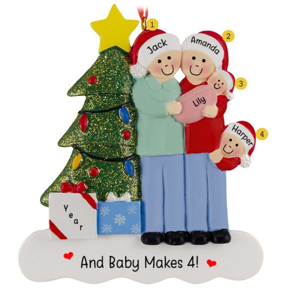 Family Of 4 With New Baby GIRL Glittered Tree Ornament