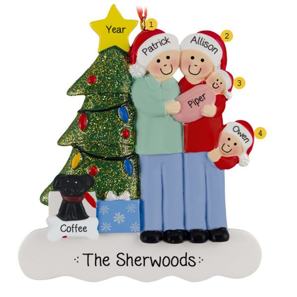 Family Of 4 With Baby GIRL And Pet Glittered Tree Ornament