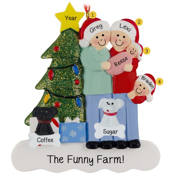 Family Of 4 With Baby GIRL And 2 Pets Glittered Tree Ornament