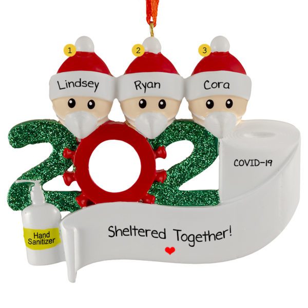 Image of Personalized 2020 Family Of 3 Sheltered Together Wearing Masks Ornament