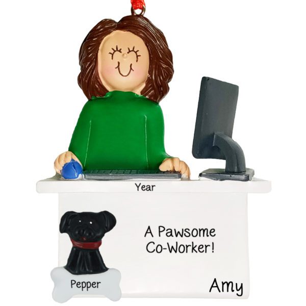 Image of Personalized Working From Home FEMALE With Pet Ornament BRUNETTE