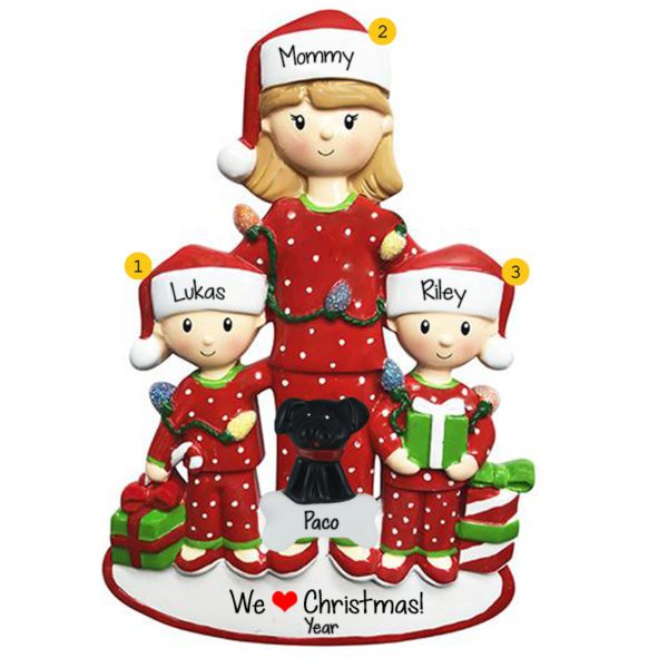Mom With 2 Kids And Pet Wearing RED Pajamas Personalized Ornament