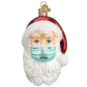 Personalized Santa Wearing Mask Glittered Glass Ornament