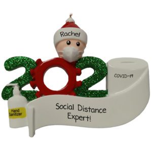 Personalized 2020 Social Distance Expert Wearing Mask Glittered Ornament