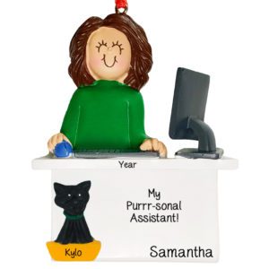 Personalized Working From Home FEMALE With CAT Ornament BRUNETTE