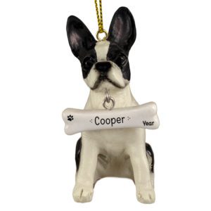 Image of Personalized Boston Terrier Statue With Dangling Bone Ornament