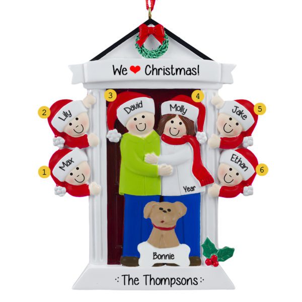 Image of Personalized Festive Door Family Of 6 And Pet Ornament BRUNETTE