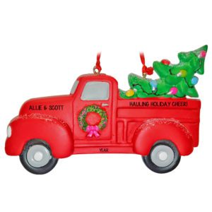 Holiday Cheer RED Truck And Decorated Tree Glittered Personalized Ornament