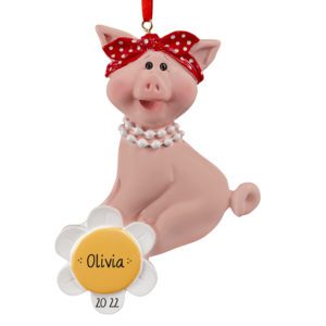 Personalized Sitting PINK Pig With Sunflower Ornament