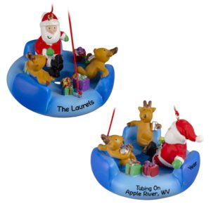Personalized Santa And Two Reindeer Tubing On River Ornament