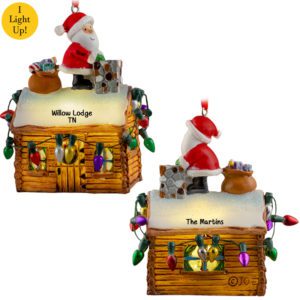 Image of Personalized Light Up Cabin With Santa Glittered 3-D Ornament