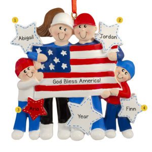 Personalized Patriotic Family Of 4 Holding American Flag Ornament