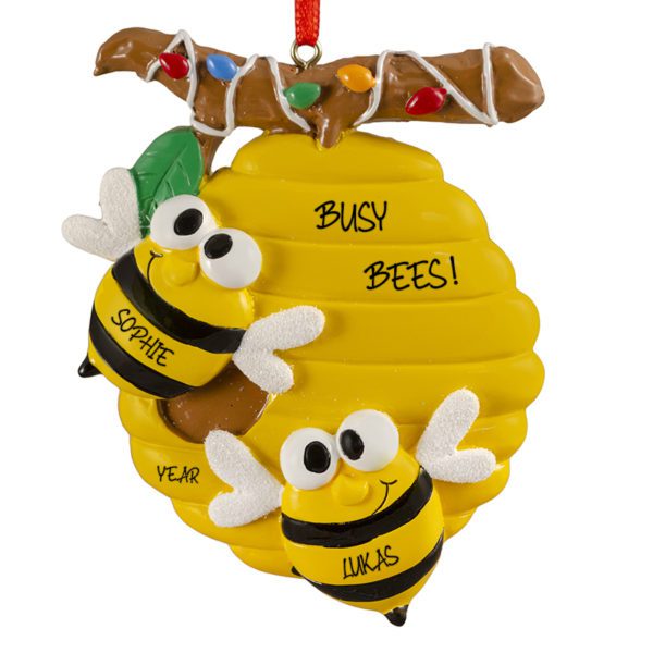 Personalized Two Busy Bees In Colorful Hive Ornament