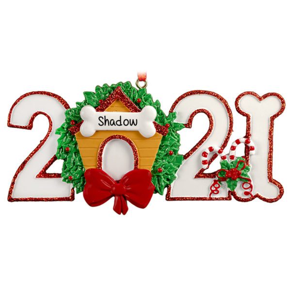 Personalized 2021 Dog House And Bone Glittered Numbers Ornament