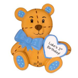Personalized Baby BOY's 1st Birthday Teddy Bear Holding Heart Ornament