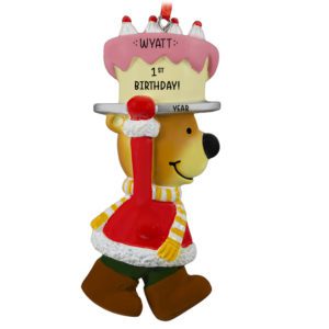 Personalized Baby's 1st Birthday Bear Holding Cake Ornament
