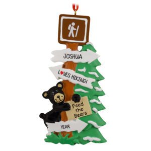 Personalized Black Bear On Hiking Trail Green Tree Ornament