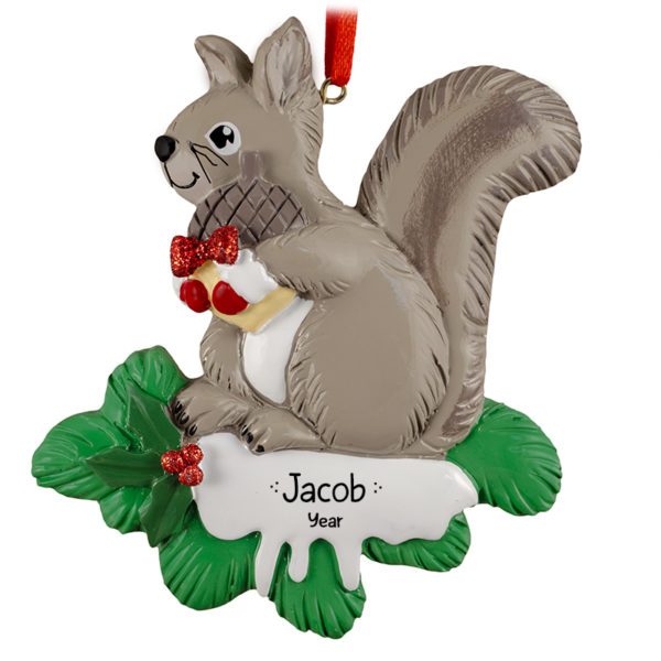 Personalized Gray Squirrel Holding Acorn Glittered Ornament