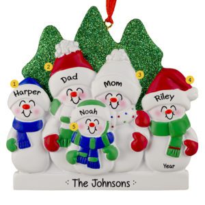 Personalized Snowman Family Of 5 Glittered Trees Ornament