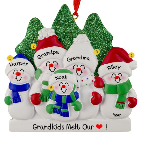 Image of Personalized Snowman Grandparents With 3 Grandkids Glittered Trees Ornament