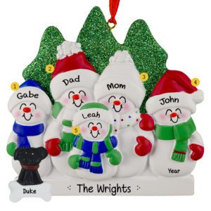 Personalized Snowman Family Of 5 And Pet Glittered Trees Ornament