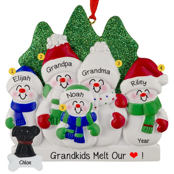 Grandparents And 3 Grandkids With Pet Glittered Trees Personalized Ornament