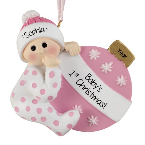 Personalized Baby GIRL'S 1st Christmas Polka Dotted PJs Ornament PINK