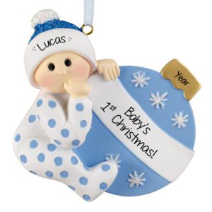 Personalized Baby BOY'S 1st Christmas Polka Dotted PJs Ornament BLUE