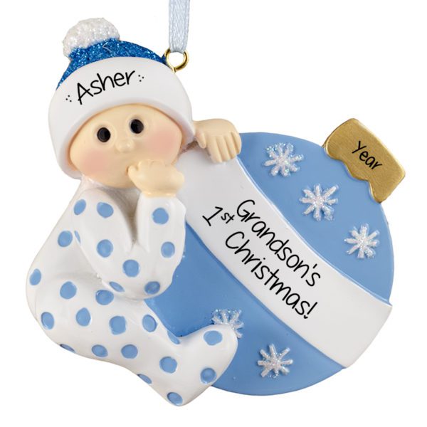 Personalized GRANDSON's 1st Christmas Polka Dotted PJs Ornament BLUE