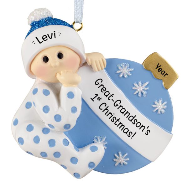 Personalized GREAT-GRANDSON's 1st Christmas Polka Dotted PJs Ornament BLUE