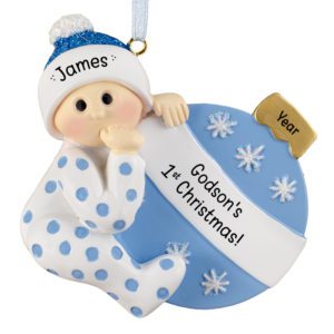 Image of Personalized GODSON'S 1st Christmas Polka Dotted PJs Ornament BLUE