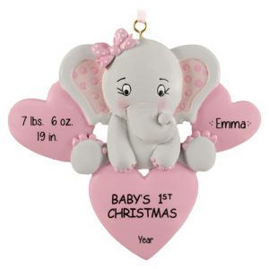 GIRL'S 1st Christmas With Statistics Elephant And Hearts Ornament PINK
