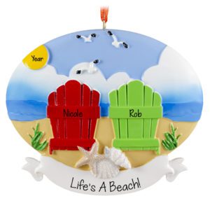 Personalized Life's A Beach Couple Colorful Chairs In Sand Ornament