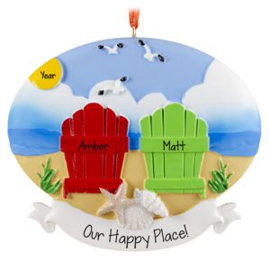 Image of Personalized Our Happy Place Beach Couple Chairs In Sand Ornament