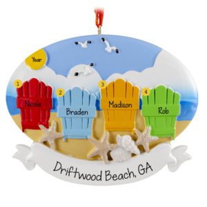 Personalized Family Of 4 At Beach Colorful Chairs In Sand Ornament