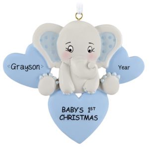 Personalized Baby BOY's 1st Christmas Elephant And Hearts Ornament BLUE
