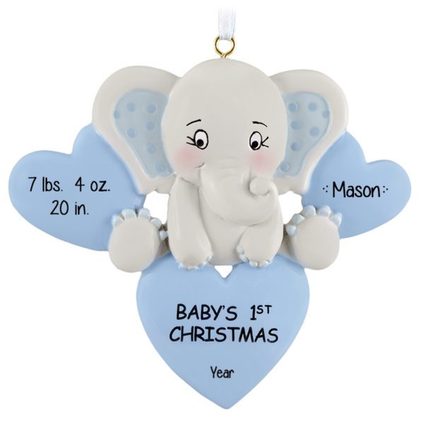 Image of BOY's 1st Christmas With Statistics Elephant And Hearts Ornament BLUE