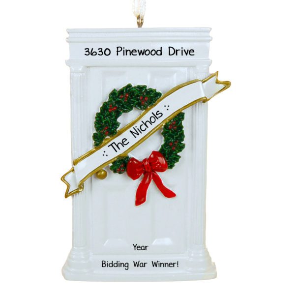 Personalized New Home Bidding War WHITE Door Glittered Wreath Ornament