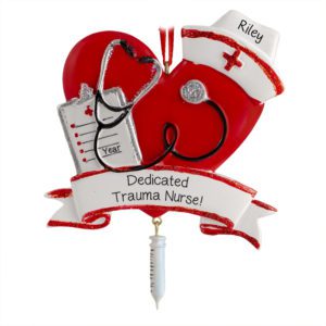 Personalized Nurse Red Heart With Cap And Dangling Syringe Ornament