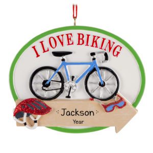 Personalized I Love Biking Glittered Oval Ornament