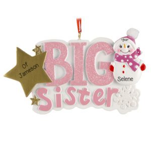 Personalized Big SISTER Of A Brother PINK Glittered Ornament